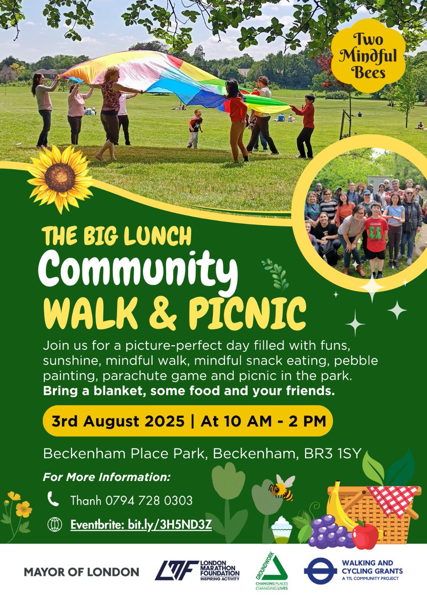 twomindfulbees's tweet photo. 🌻 Join us Sun 3 Aug @ Beckenham Place Park for a special #MindfulWalk &amp; Community Picnic 

🕙 Walk: 10:00–11:30 AM
🥗 Picnic: 12:00–2:00 PM

🎟 Free – Eventbrite: https://t.co/cXogX7eA1o

#CommunitySpirit #TheBigLunch #Picnic  #Mindfulness  #MindfulLiving https://t.co/rRcTBwjGuB