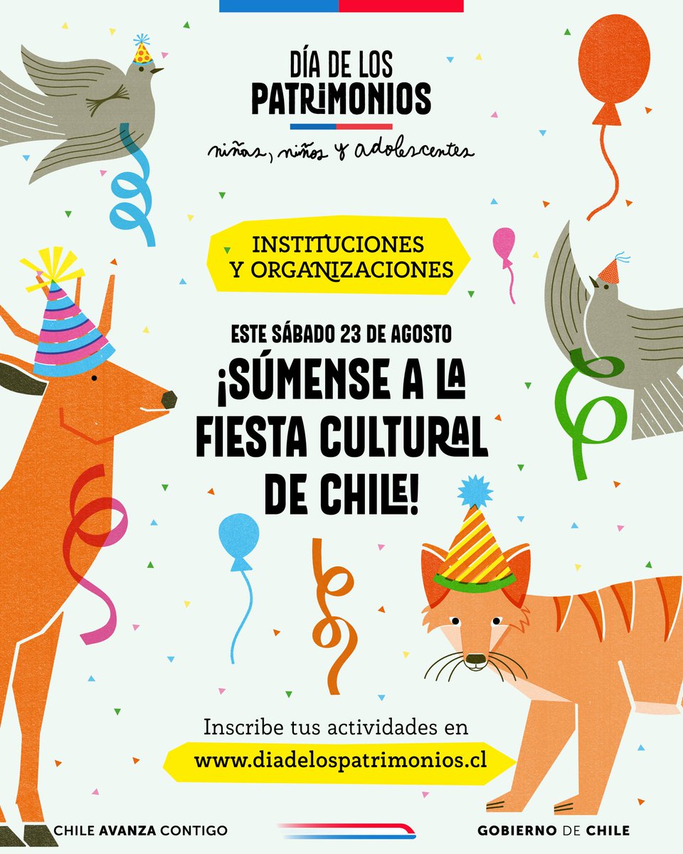 Este sábado 23 de agosto, el Día de los Patrimonios de Niñas, Niños y Adolescentes invita a todo Chile a jugar, celebrar y a compartir.🎉

¿Tu organización quiere ser parte de esta gran fiesta cultural? ¡No lo dejes para último minuto! 👀
