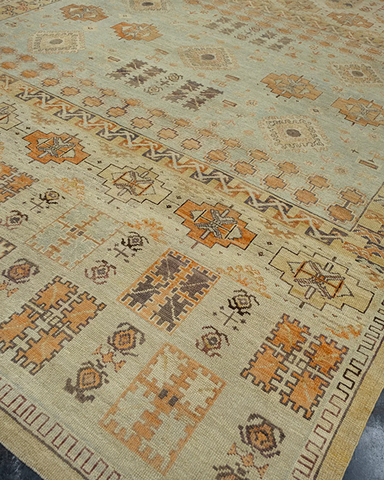 turkishrugco's tweet image. Geometric charm in rust and sky blue—bold yet balanced. This 10'5" x 14'1" Turkish Oushak brings character to any room. #GoldCoastChicago #ChicagoDesigners #NorthShoreDesign #ChicagoLuxuryHomese #OushakRug #LakeviewDesign #ChicagoStyleInteriors #ChicagoHomeDecor #OrientalRugs