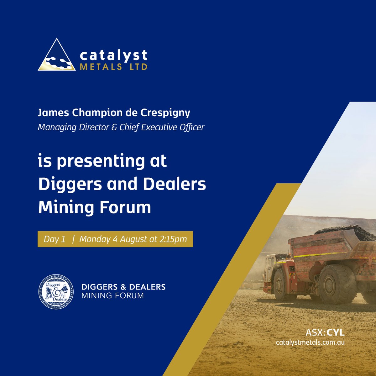 One week until the Diggers &amp; Dealers Mining Forum! Be sure to visit $CYL.AX' at booth #76 if you're attending the forum next week.

#CYL MD &amp; CEO, James Champion de Crespigny is presenting Day 1, Monday 4 August at 2:15pm

View details: loom.ly/9oYoMe4

#DiggersAndDealers