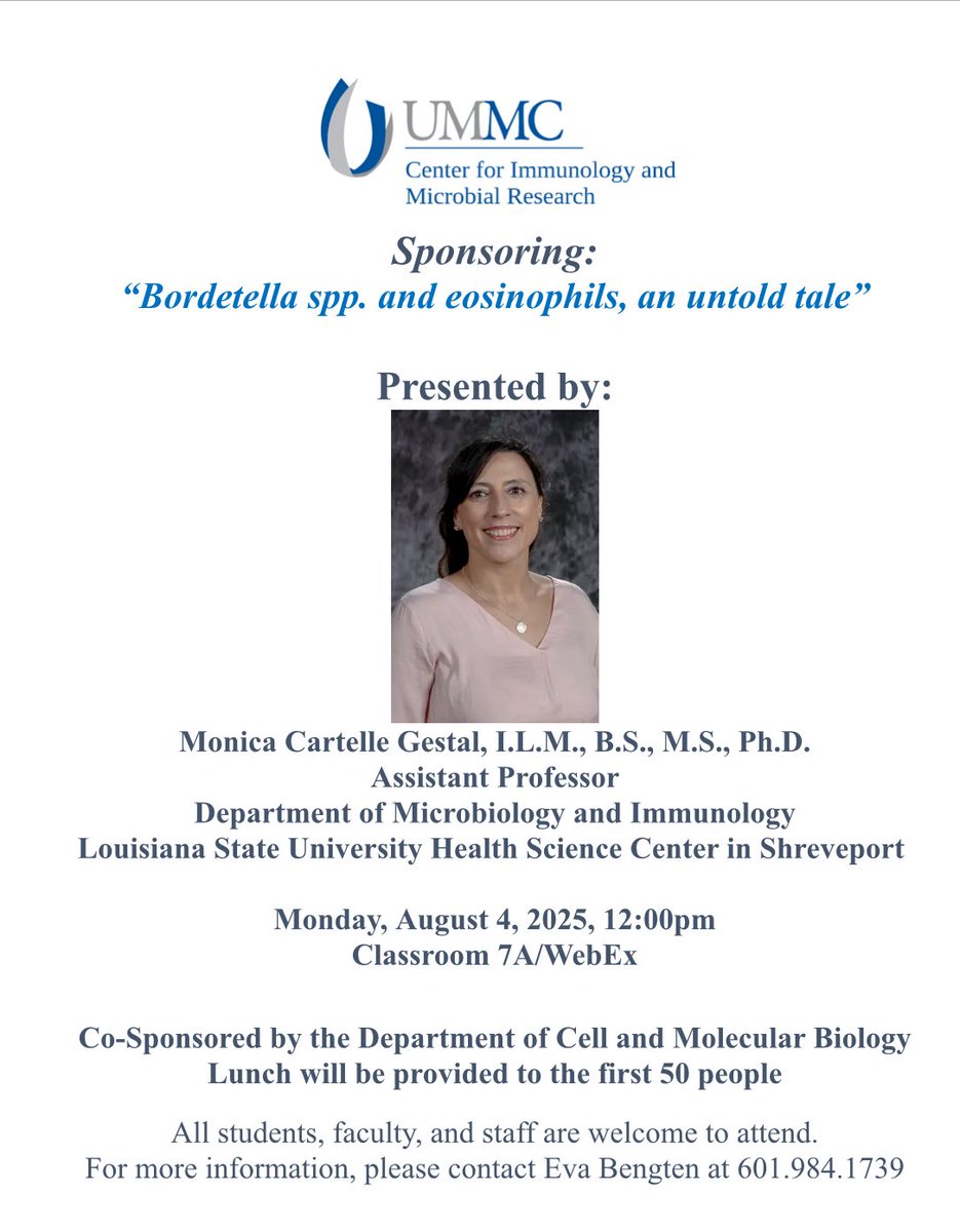 JorgeEVidal1's tweet image. Excited to welcome Dr. Monica Cartelle Gestal next week for a seminar on Bordetella infection and the key role of eosinophils! Thanks to Dr. Eva Bengten, Director of the Center for Immunology and Microbial Research @UMMCnews and Department of CMB for organizing this great event!
