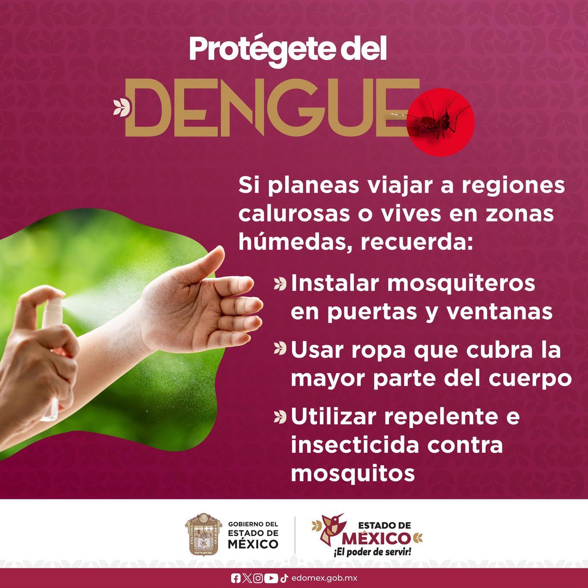 El #Dengue se presenta comúnmente en las regiones tropicales y subtropicales.
Para evitar su propagación, lo único que ayuda es la prevención. Instala
mosquiteros y utiliza repelente contra mosquitos. #ElPoderDeServir