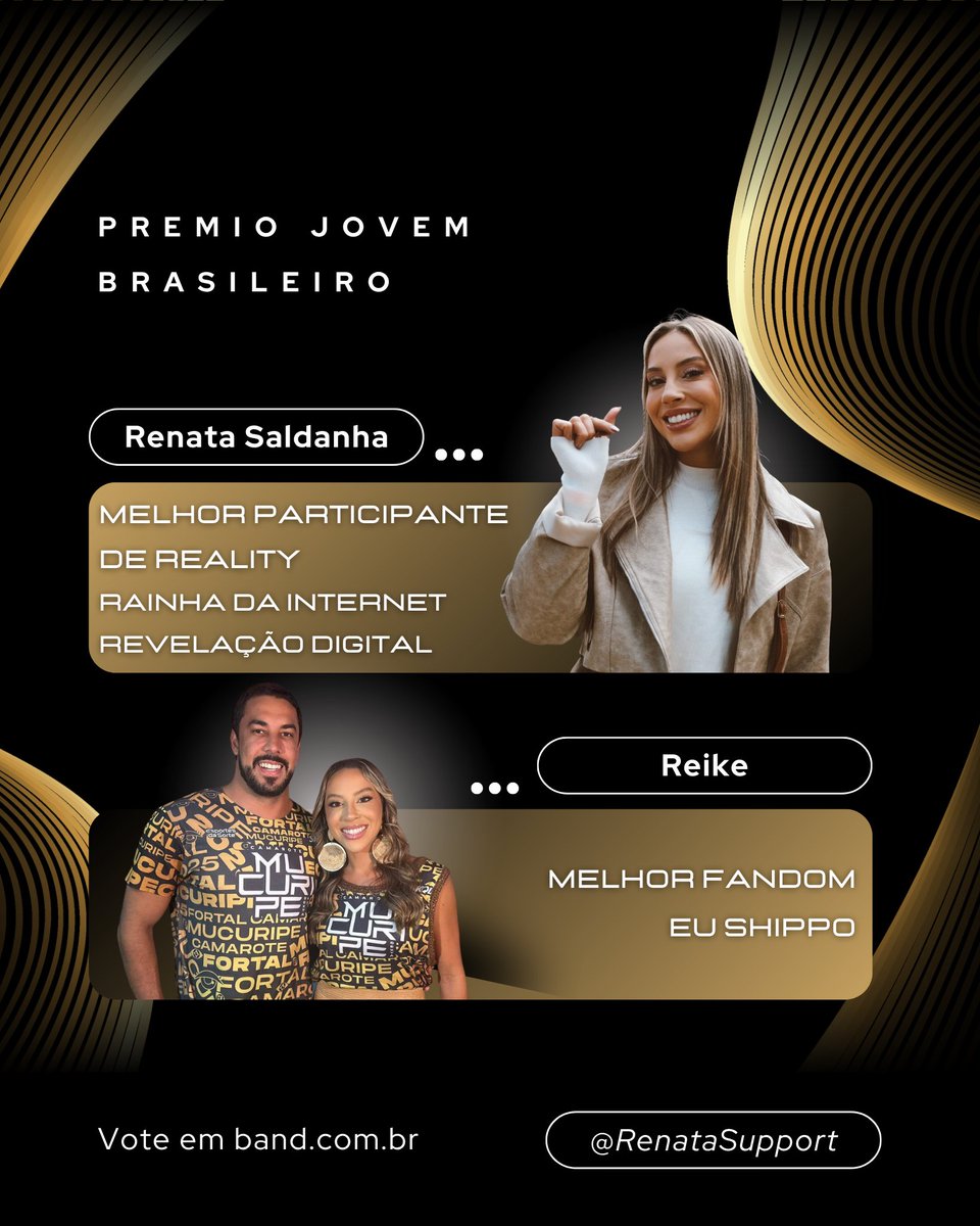 🚨MUTIRÃO PJB🚨 

🗳️ A cada 5 votos deposite um emoji aqui.

 ⏰ ENCERRA ÀS 21:00hrs !

🚨 Votem bastante em todas as categorias em que a Renata e o Maike estão indicados.  

🎯 META: 200 comentários 

🔗 band.com.br/entretenimento…