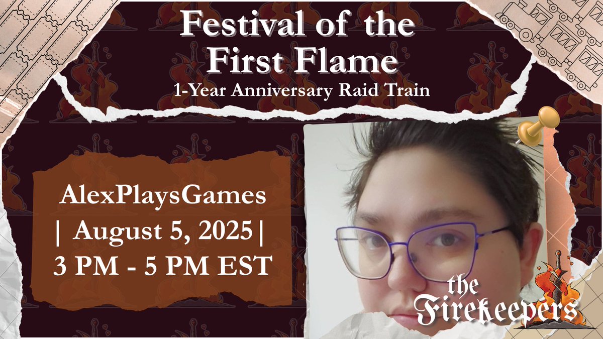 📷 I’m part of Festival of the First Flame a week-long raid train celebrating 1 year of The Firekeepers stream team Join us Aug 1–8 for Soulsborne streams, community collabs, &amp; nonstop hype. 📷 You can catch me on Tuesday, August 5 at 3pm EST! 📷 twitch.tv/alexplaysgames…