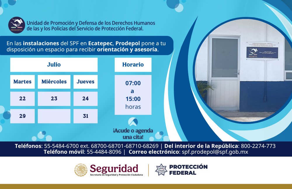 👮🏽‍♀️👮🏽‍♂️ En las instalaciones del SPF en Ecatepec, PRODEPOL pone a tu disposición un espacio para recibir orientación y asesoría. ☝🏽🚔
👇🏽 Más información en la imagen👇🏽
#ProtectoresdelaNación  #MásCercaMásSeguros