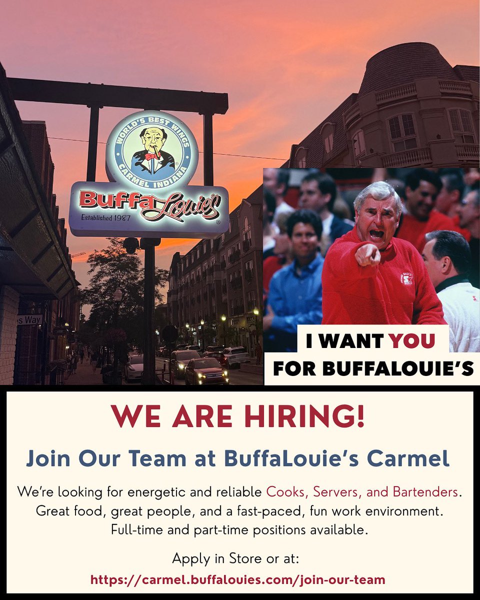 WE ARE HIRING! 
•
•
Join Our Team at BuffaLouie’s Carmel!
•
•
Looking for Cooks, Servers &amp; Bartenders who are energetic and fun!
•
•
Visit BuffaLouies.com to apply now or stop by our store to apply today!