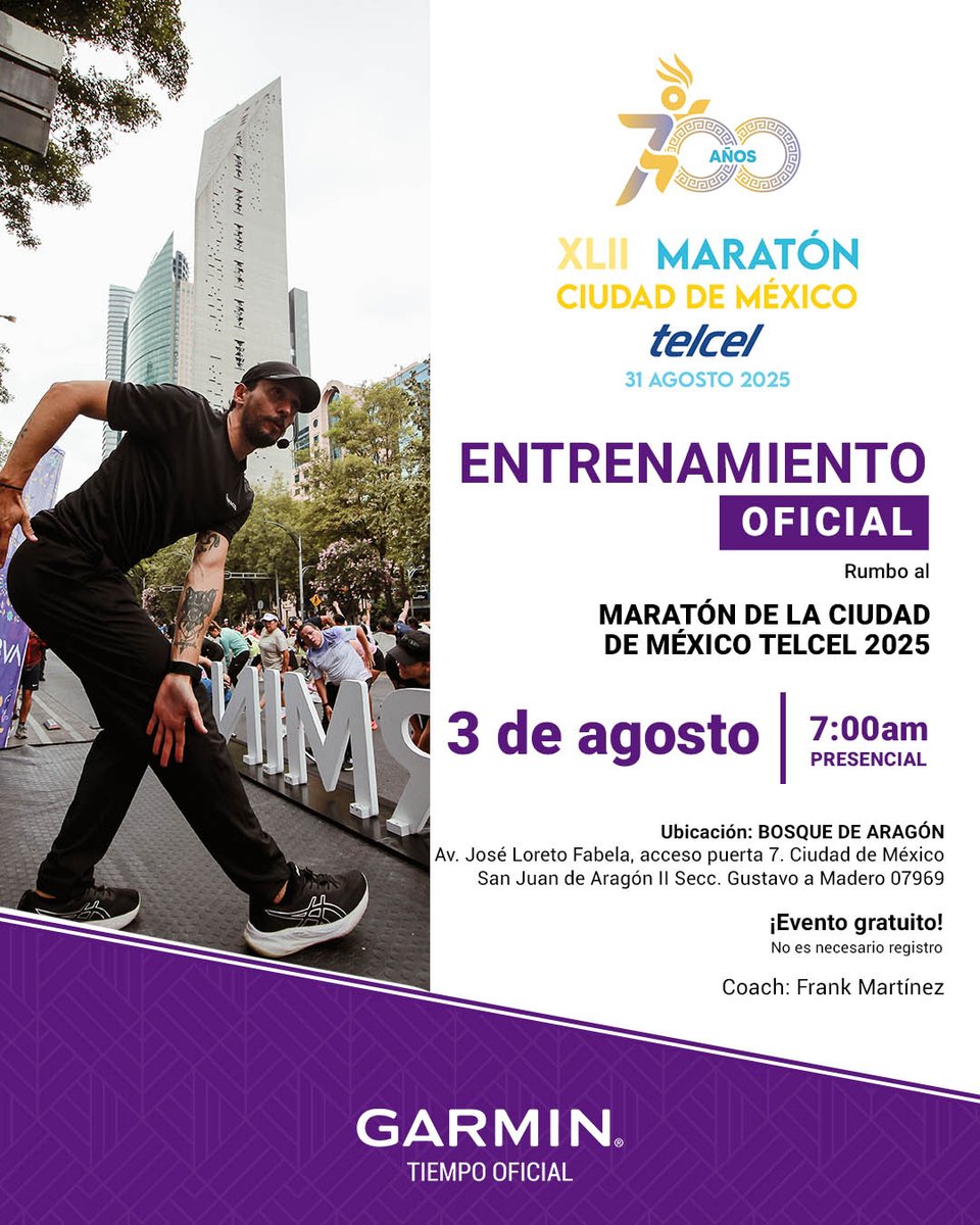 Seguimos en camino rumbo al Maratón de la Ciudad de México Telcel 2025

Los esperamos el domingo 3 de agosto, 7 am: Entrenamiento Oficial impartido por Coach Frank Martínez.
📍 Bosque de Aragón, acceso puerta 7.  Ciudad de México

#MaratónDeLaCiudadDeMéxicoTelcel2025