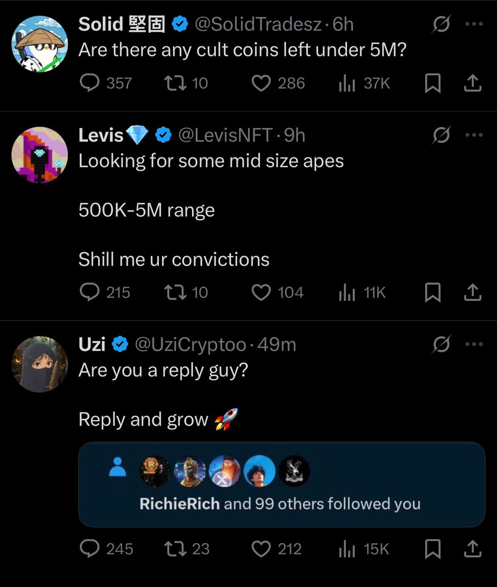 Moaikol's tweet image. Made an alt acct and these were my first 3 suggested posts after following a few crypto accounts. This is what “retail” sees and these are the people who extract from them. They don’t even really need “motion” in the trenches, the algorithm feeds them new entrants directly.