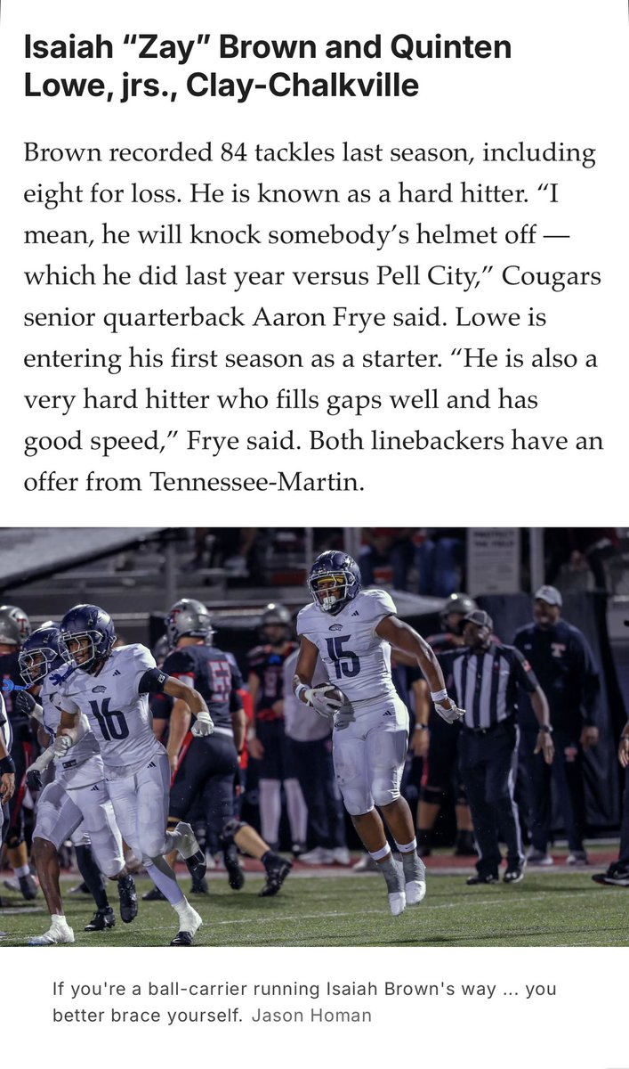 Isaiah “Zay” Brown 1️⃣5️⃣ (@zayybrownn_) on Twitter photo appreciate the recognition <a href="/jhumburg/">JD Humburg</a> & <a href="/aldotcomPreps/">AL.com H.S. Sports</a>. i’m hungry for more this year 😤 <a href="/CCHSfootbal/">Clay-Chalkville Football</a> <a href="/RecruitBigClay/">Clay-Chalkville Football Recruiting</a> appreciate the recognition <a href="/jhumburg/">JD Humburg</a> & <a href="/aldotcomPreps/">AL.com H.S. Sports</a>. i’m hungry for more this year 😤 <a href="/CCHSfootbal/">Clay-Chalkville Football</a> <a href="/RecruitBigClay/">Clay-Chalkville Football Recruiting</a>