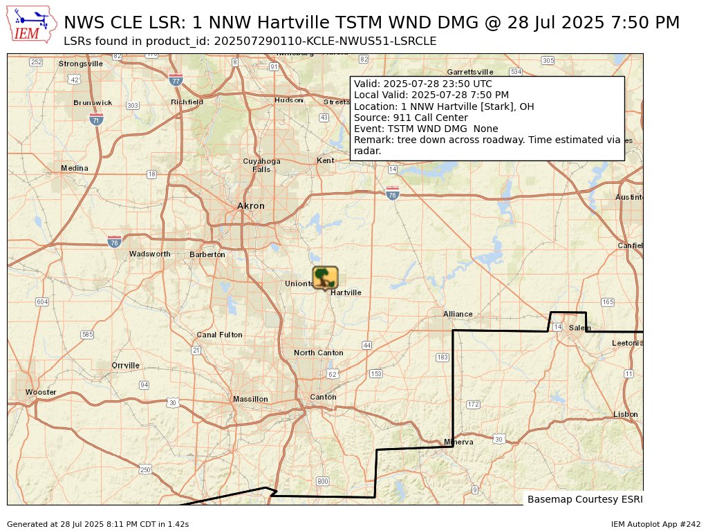 iembot_cle's tweet image. At 7:50 PM EDT, 1 NNW Hartville [Stark Co, OH] 911 Call Center reports Tstm Wnd Dmg. tree down across roadway. Time estimated via radar. #ohwx mesonet.agron.iastate.edu/lsr/?by=wfo&amp;amp;wf…
