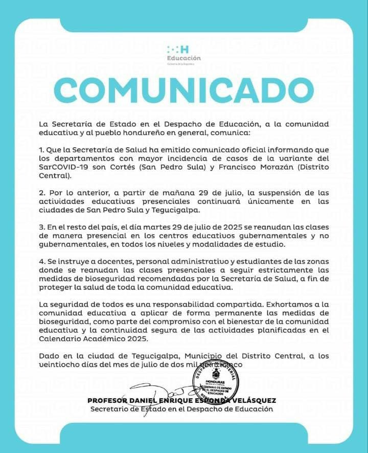 Minotahn's tweet image. 📢 A partir del 29 de julio, se reanudan las clases presenciales en todo el país, excepto en Tegucigalpa y San Pedro Sula, por alta incidencia de SAR-CoV-19.
⚠️ Se exige aplicar estrictas medidas de bioseguridad en los centros educativos.