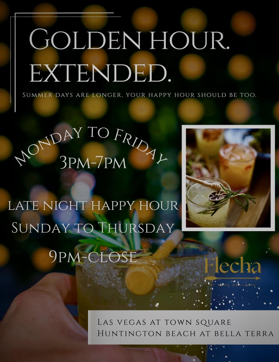 🔥Your summer days are longer. Your happy hour should be too.🔥
Flecha happy hour has been extended M-F to 7 p.m. 
+ Late night happy hours Sun-Th from 9 p.m. - Close
📍Town Square Las Vegas