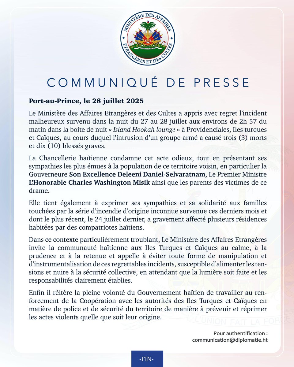 Communiqué de presse relatif aux incidents survenus à Providenciales aux Iles Turques &amp; Caïques.