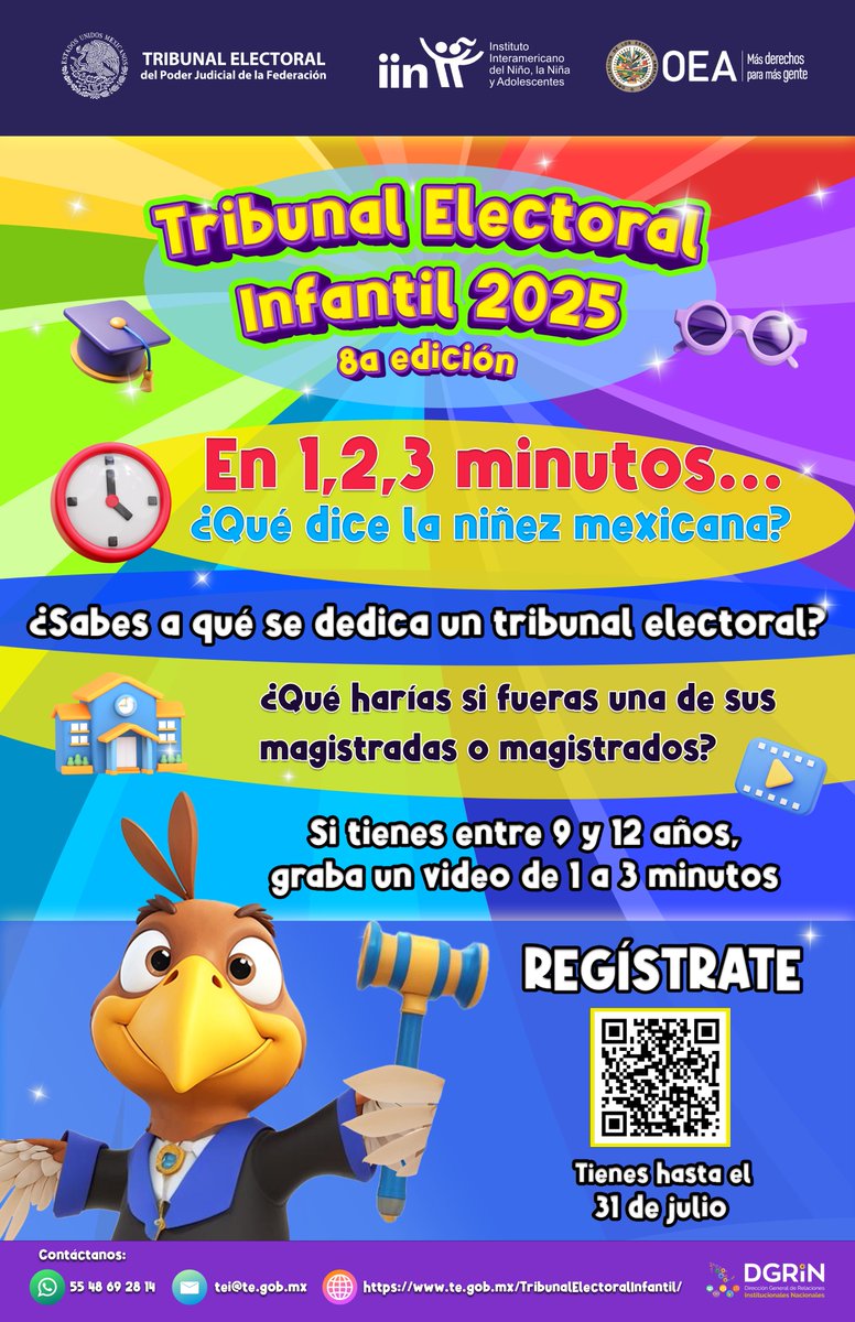 🔔¡Participa en el Tribunal Electoral Infantil 2025!

👧🧒Si tienes entre 9 y 12 años, el #TEPJF y el <a href="/IINOEA/">IIN-OEA</a> te invitan a registrarte.

👩‍⚖️👨‍⚖️Podrás ser magistrada o magistrado electoral infantil por un día.

👉Conoce toda la información en el enlace: te.gob.mx/TribunalElecto…