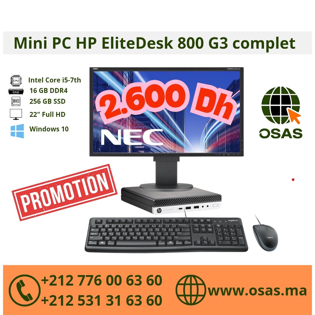 Osas_maghreb's tweet photo. Promotion
Mini Pc HP EliteDesk 800 G3 Core i5-7ēme génération 16 GB de RAM DDR4 256 GB de disque dur SSD + écran NEC 22'' + clavier et souris Logitech + câbles d'alimentation + câble Displayport + Windows 10 installé. https://t.co/x9H1roVJrS
