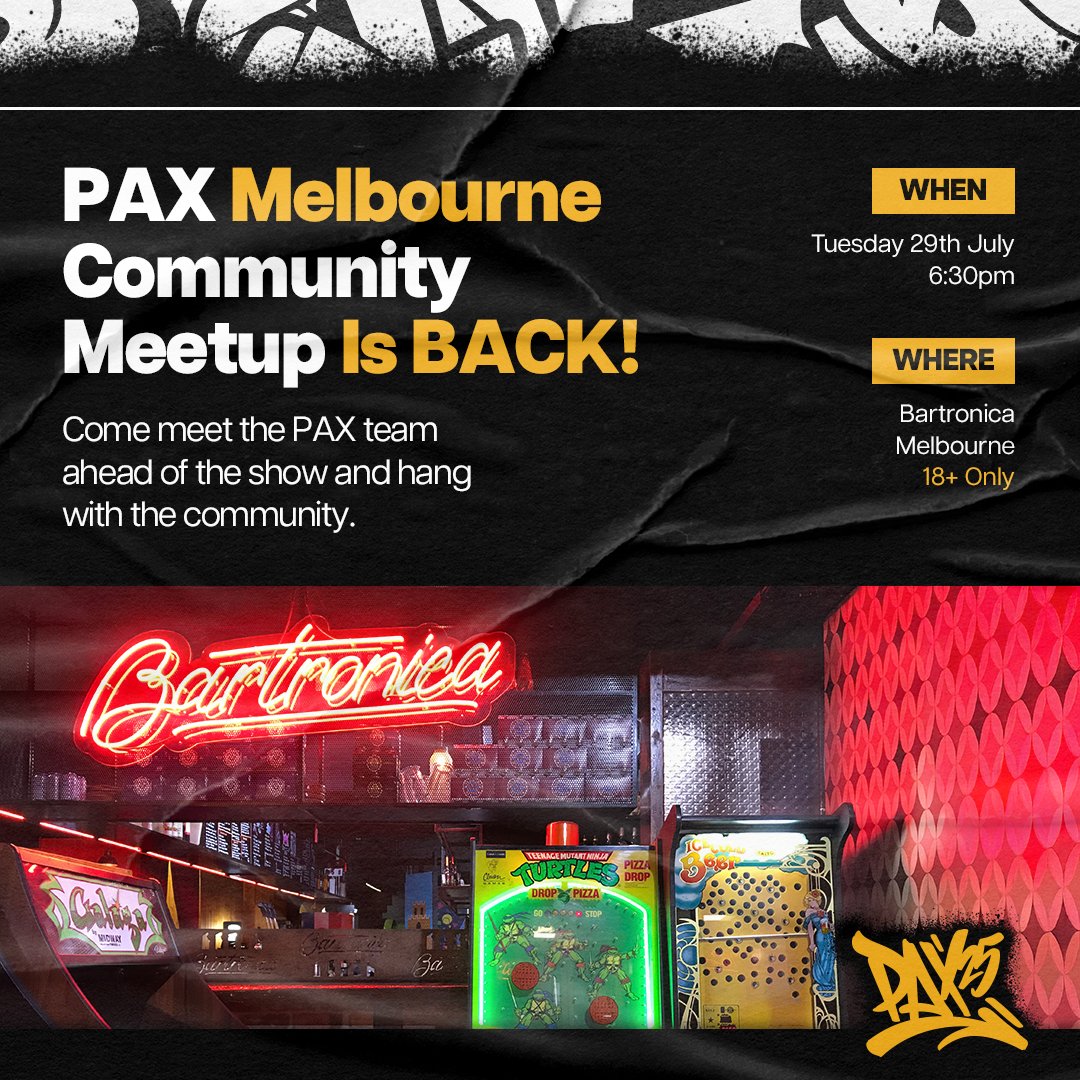 PAX Australia (@paxaus) on Twitter photo See you in a couple hours, friends. ๐
Come meet our team ahead of the show and hang with the community. Games, food, and good vibes guaranteed. ๐
๐ <a href="/bartronica/">Bartronica ArcadeBar</a>
๐
Tonight, 6:30pm
๐ Shared pizzas + free games all night
Free entry. No RSVP needed. Everyone is welcome. Bring See you in a couple hours, friends. ๐
Come meet our team ahead of the show and hang with the community. Games, food, and good vibes guaranteed. ๐
๐ <a href="/bartronica/">Bartronica ArcadeBar</a>
๐
Tonight, 6:30pm
๐ Shared pizzas + free games all night
Free entry. No RSVP needed. Everyone is welcome. Bring