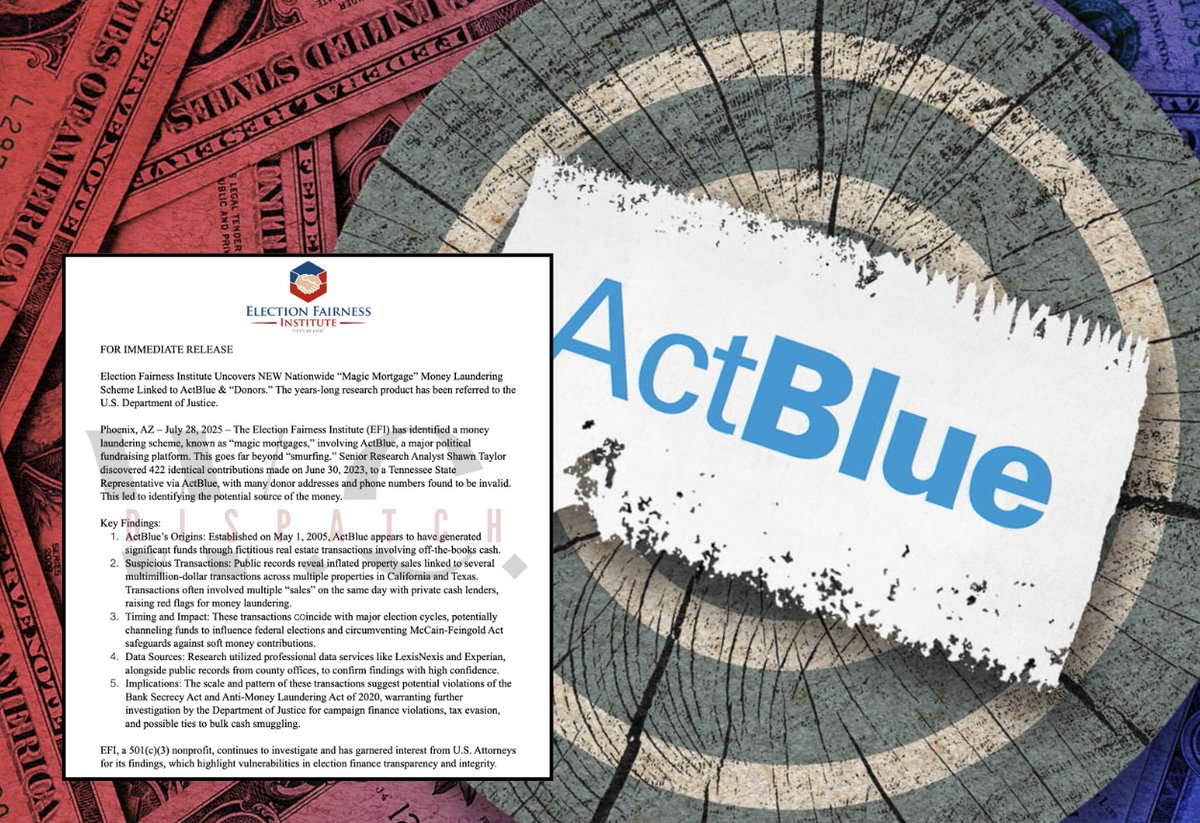 🚨NEW: “Magic Mortgage” Scheme—ActBlue Cash Laundered Through Phantom Real-Estate Deals

The Election Fairness Institute’s report names ActBlue at the center of a nationwide “magic mortgage” operation.

Over 400 carbon-copy donations on a single day led investigators to scores of