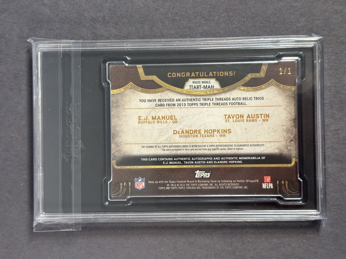 2013 Topps Triple Threads EJ Manuel, Tavon Austin, Deandre Hopkins Triple Patch Auto White Whale 1/1 RC

$225 shipped obo!