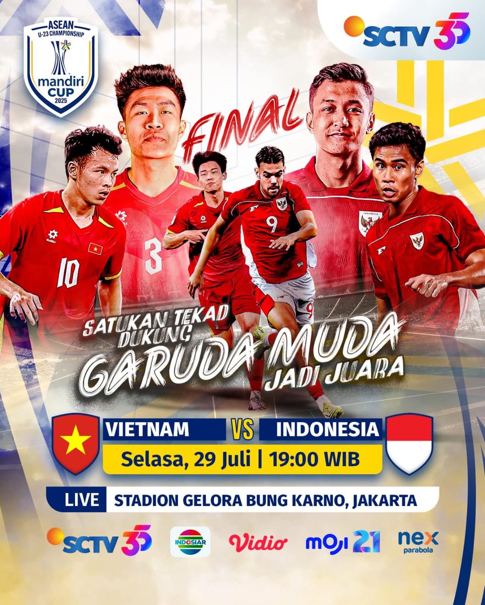 #TimnasDay 
FINALE ASEAN U23 Championship 

🗓️ Selasa, 29 Juli
⚔️ Vietnam 🇻🇳 vs 🇮🇩 Indonesia 
⏰ 20.00 WIB
📺 Indosiar, SCTV, Vidio
🏟️ Gelora Bung Karno 

TUNTASKAN GA SIH! 🫵🏼🏆