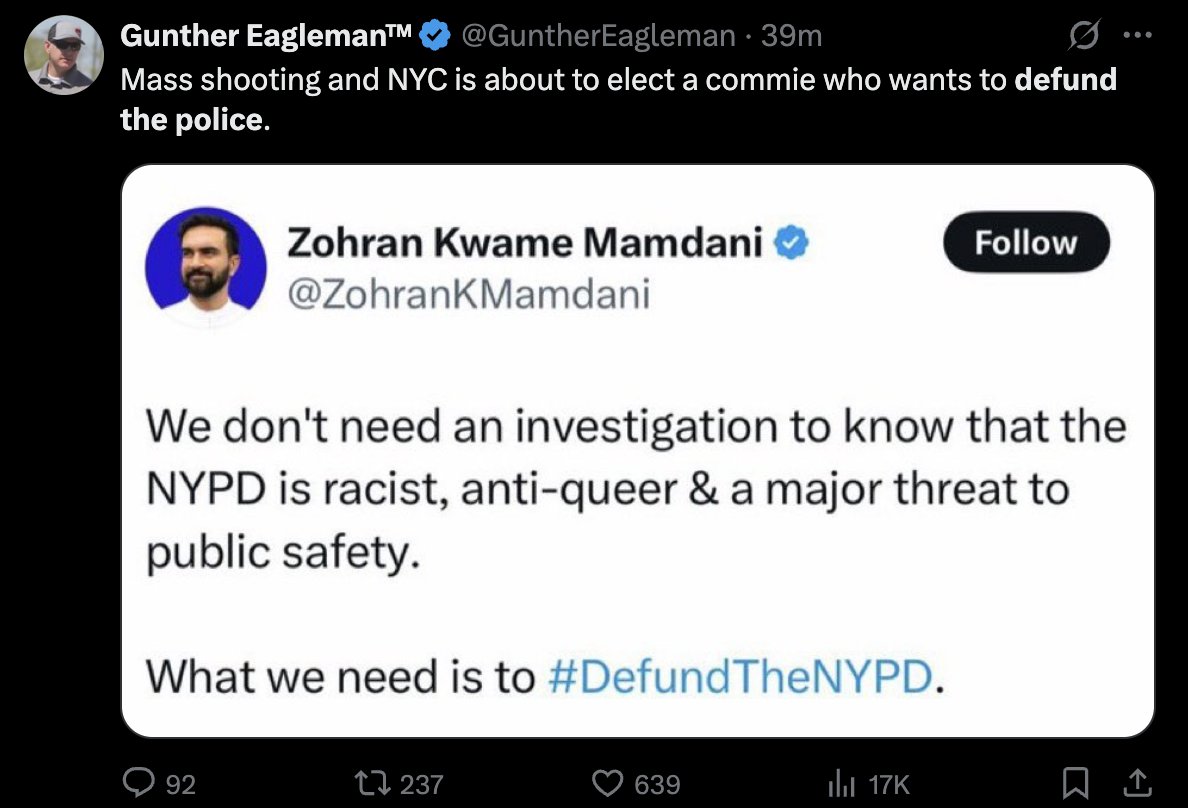 SgtLibertarian's tweet image. Conservative influencers are reading scripts again.
Right after the Manhattan shooting, they all took this awful time to attack Zohran Mamdani.
Who told them to it?