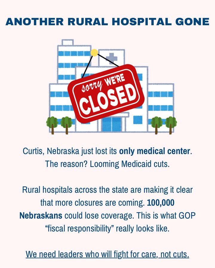#Resist #CombatTrumpism #WinTheVote26 #VoteBlue #wtpBLUE WE THE PEOPLE
 
The Medicaid cuts in Trump's Big, Ugly Bill are already having an impact on rural hospitals like this one in Curtis, Nebraska. More hospitals like this will close in the coming months, all in the name of