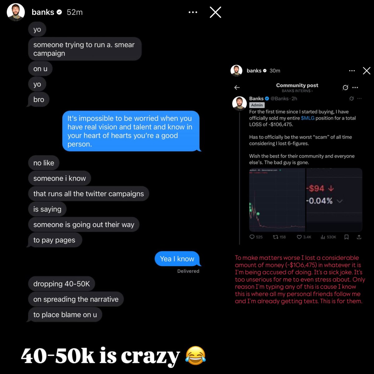 scubaryan_'s tweet image. FaZe Banks reveals that people are paying social media blogs $40-50k to create a “smear campaign” to ruin his name 👀
also, he posted proof of his MLG profit and loss, revealing he’s lost over $100,000 since the start of the project, never making profit.
