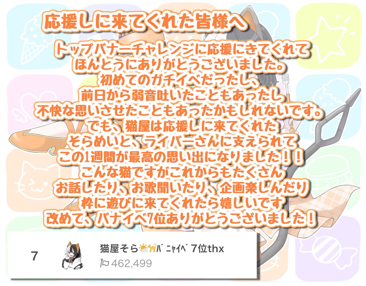 改めてってこういうのドキドキしちゃうし、文章じゃ感謝伝えきれないし、これからもみんなと話せるこの一瞬の喜びを配信でお返ししたいと思います🍀

改めてバナイベ7位ありがとう。
そらめいとも、ライバーのみんなも、大事な大事な「best friend」🤝🏻

もーしばらくガチイベはいいや😫
まったりしよ❕
