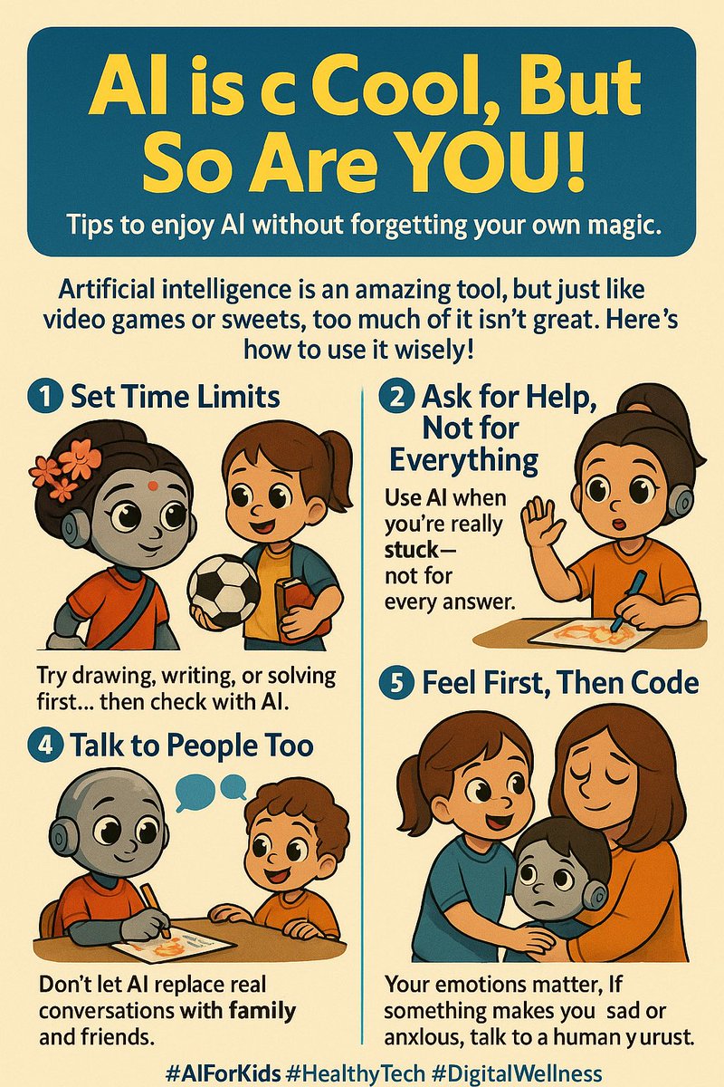 envivvope's tweet image. 👧🤖 Hey kids &amp;amp; teens!
#AI is awesome — but even robots take breaks. 💡
Here’s how to stay balanced while exploring the future! 🚀✨

#AIForKids #HealthyTech #DigitalWellness #MindfulAI
