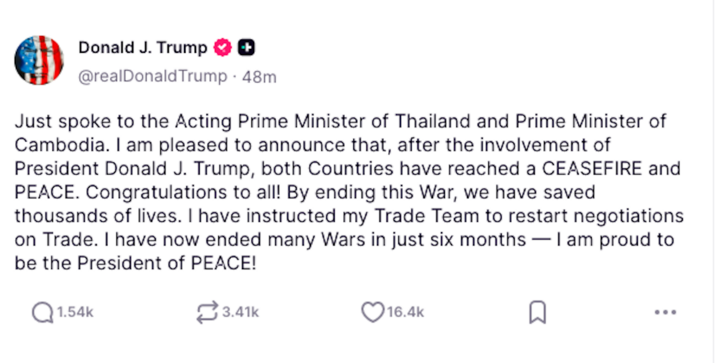 haunguyenhmc's tweet photo. 🇺🇸 Tổng thống Donald Trump vừa có bài đăng mới nhất trên mạng xã hội Truth Social rằng ông sẽ chỉ đạo khởi động lại đàm phán thương mại với Thái Lan và Campuchia sau khi hai nước đạt thỏa thuận ngừng bắn! 🤝

📅 Sau 3 ngày căng thẳng biên giới giữa Thái Lan và Campuchia, cuộc đàm phán ngừng bắn được tổ chức tại Malaysia ngày 28/7, có hiệu lực từ nửa đêm cùng ngày. 🌏

#haunguyencapital #DonaldTrump #TháiLan #Campuchia