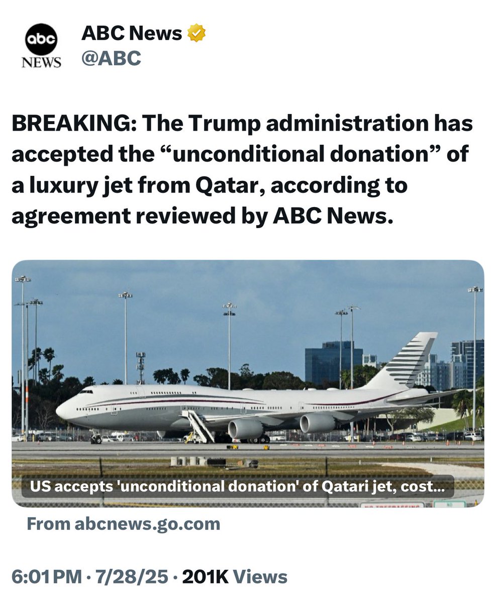Trump has officially accepted Qatar’s $400 million jet. Most openly and shamelessly corrupt “president” ever.