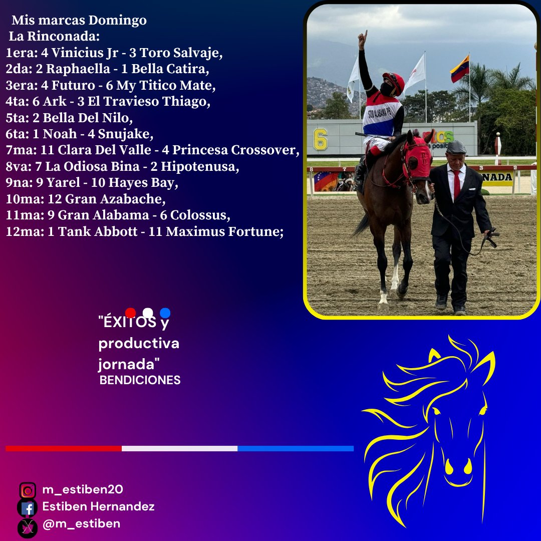 #Hipismo Mis marcas adelantadas Domingo La Rinconada
Ojo: De haber retirados se cambiaran con anticipación, otra cosa sino les gusta ninguno no los jueguen; ya que no es obligado, bendiciones...!!