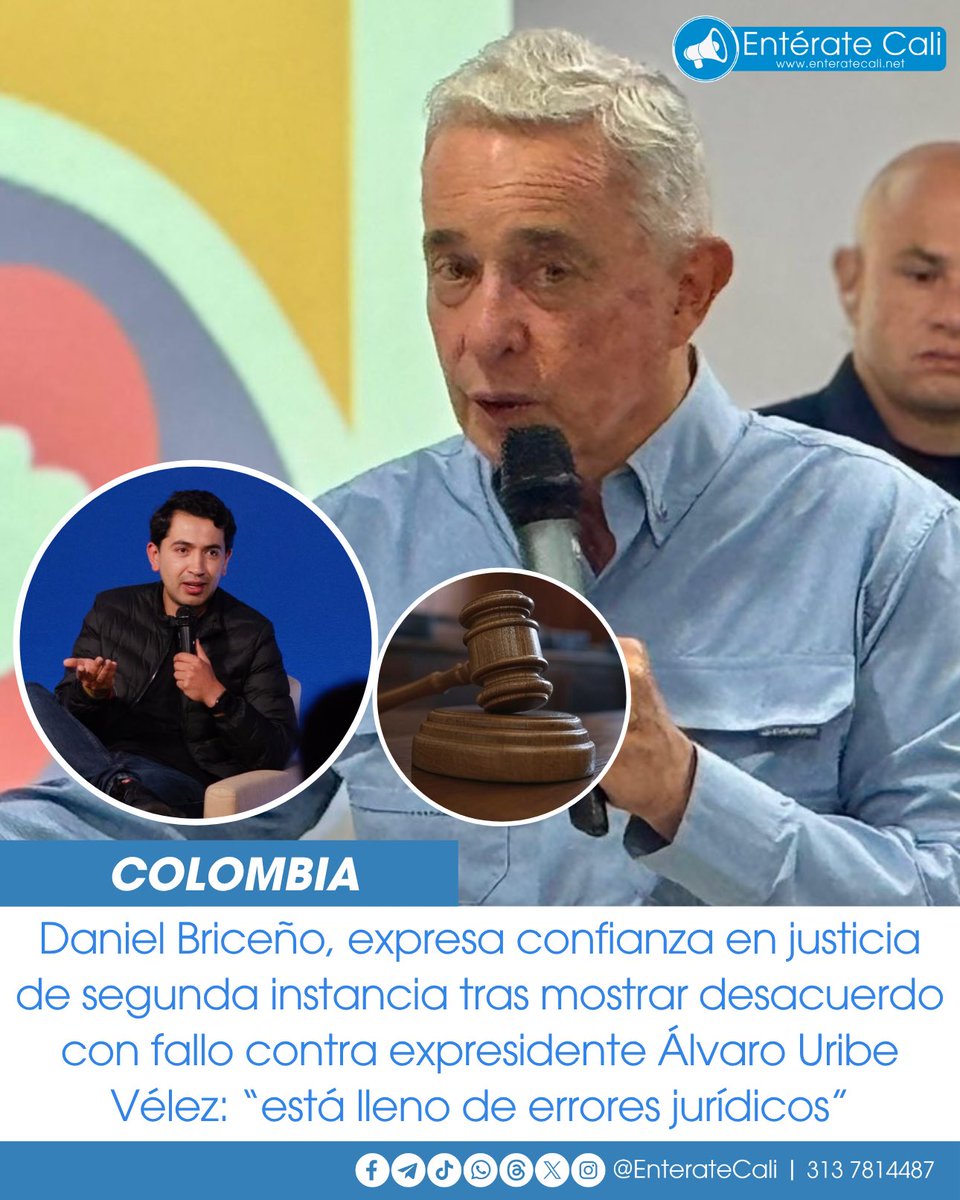 EnterateCali's tweet image. Concejal Daniel Briceño cuestiona fallo contra Uribe y respalda segunda instancia
El concejal de Bogotá, Daniel F. Briceño, aseguró que el fallo contra Álvaro Uribe Vélez está lleno de errores jurídicos y pruebas dudosas.
Criticó que se aceptaran testimonios de personas…