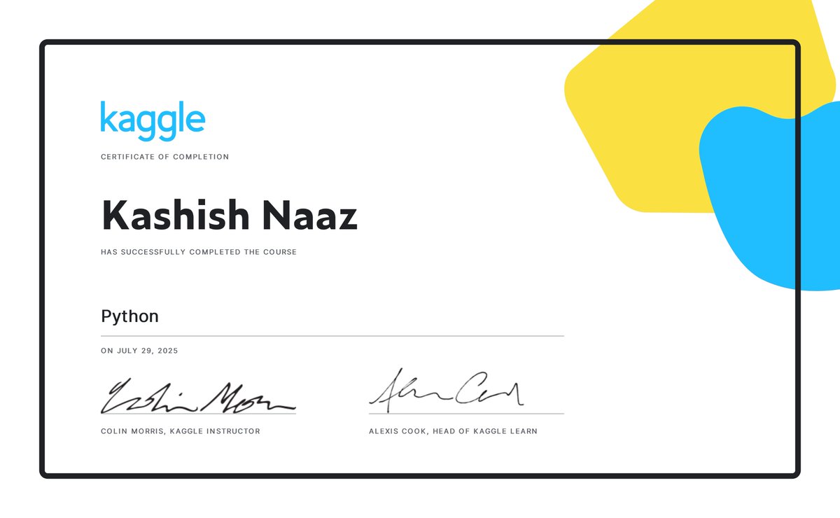 missakhirah_'s tweet image. statistics = week 4
python= mini course done
pandas = solve leetcode challenge
EDA= 1/2
all update my data science journey....
#DataScientist #datascienceandanalytics
@KaggleCareers @kaggle @womeninkaggle
I've completed the Python course on Kaggle! kaggle.com/learn/certific…