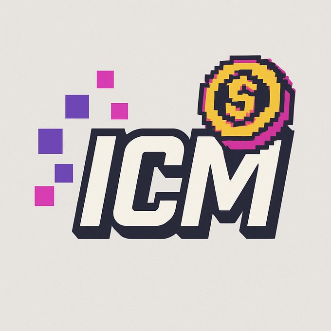 ICM logo featuring bold 'ICM' text with a pixelated coin symbol