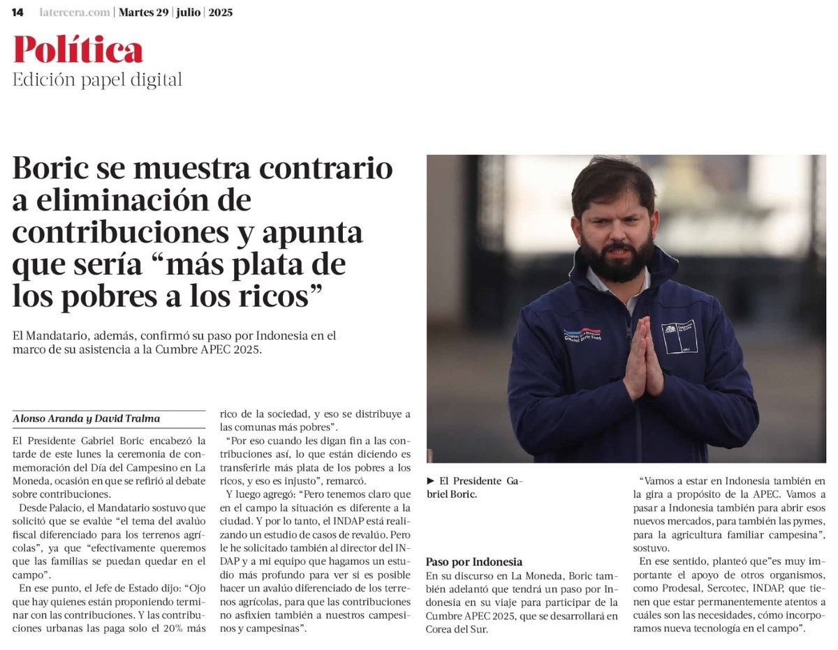 ChilePortadas's tweet image. 📰 Boric se muestra contrario a eliminación de contribuciones y apunta que sería "más plata de los pobres a los ricos"
#Cadem #Jara #DC #Kaiser #Kast #Matthei #Parisi #Boric #Sichel #Cooper