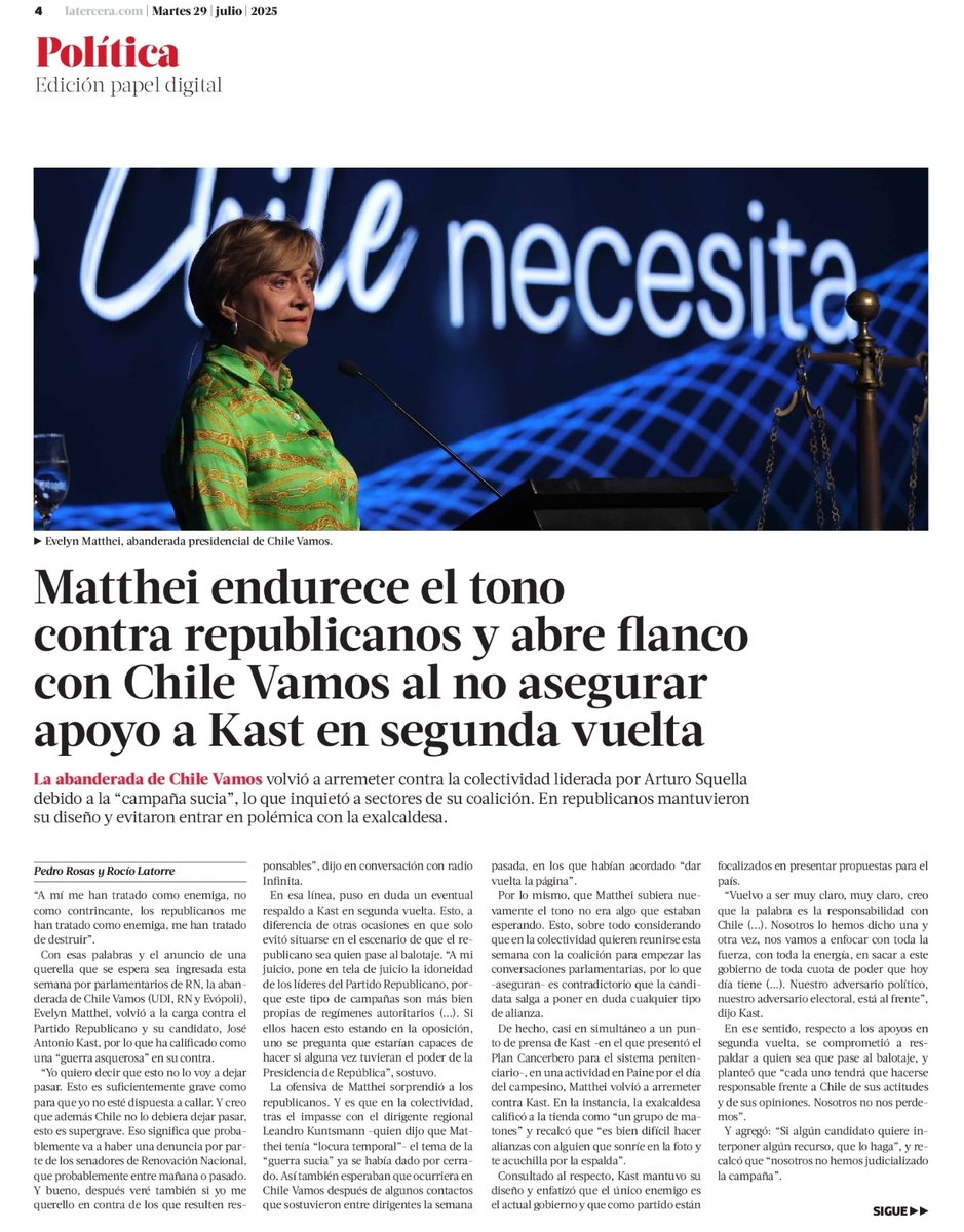 ChilePortadas's tweet image. 📰 Matthei endurece el tono contra republicanos y abre flanco con Chile Vamos al no asegurar apoyo a Kast en segunda vuelta
#Cadem #Jara #DC #Kaiser #Kast #Matthei #Parisi #Boric #Sichel #Cooper