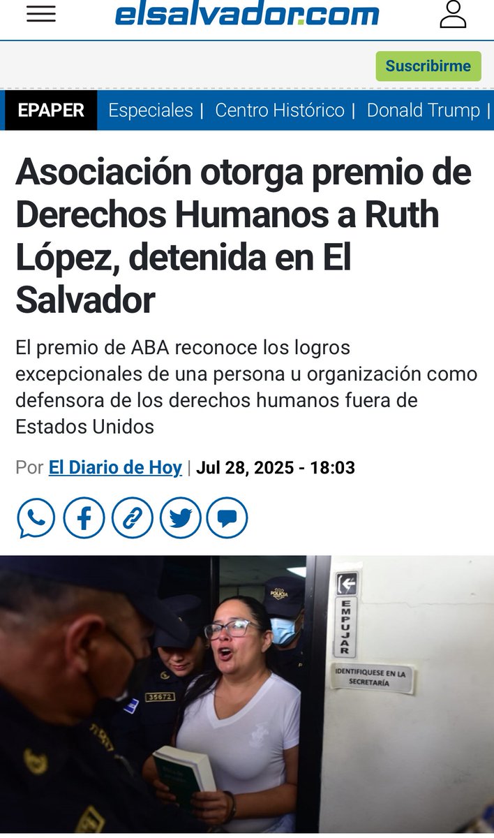 La Asociación Americana de
Abogados le otorgó a <a href="/Ruth_Lopez1977/">Ruth Eleonora López #DerechoElectoral</a> el "Premio Internacional de Derechos Humanos 2025".

Sin duda esto es un claro rechazo de la comunidad jurídica de EEUU a su encarcelamiento arbitrario.

elsalvador.com/noticias/nacio…