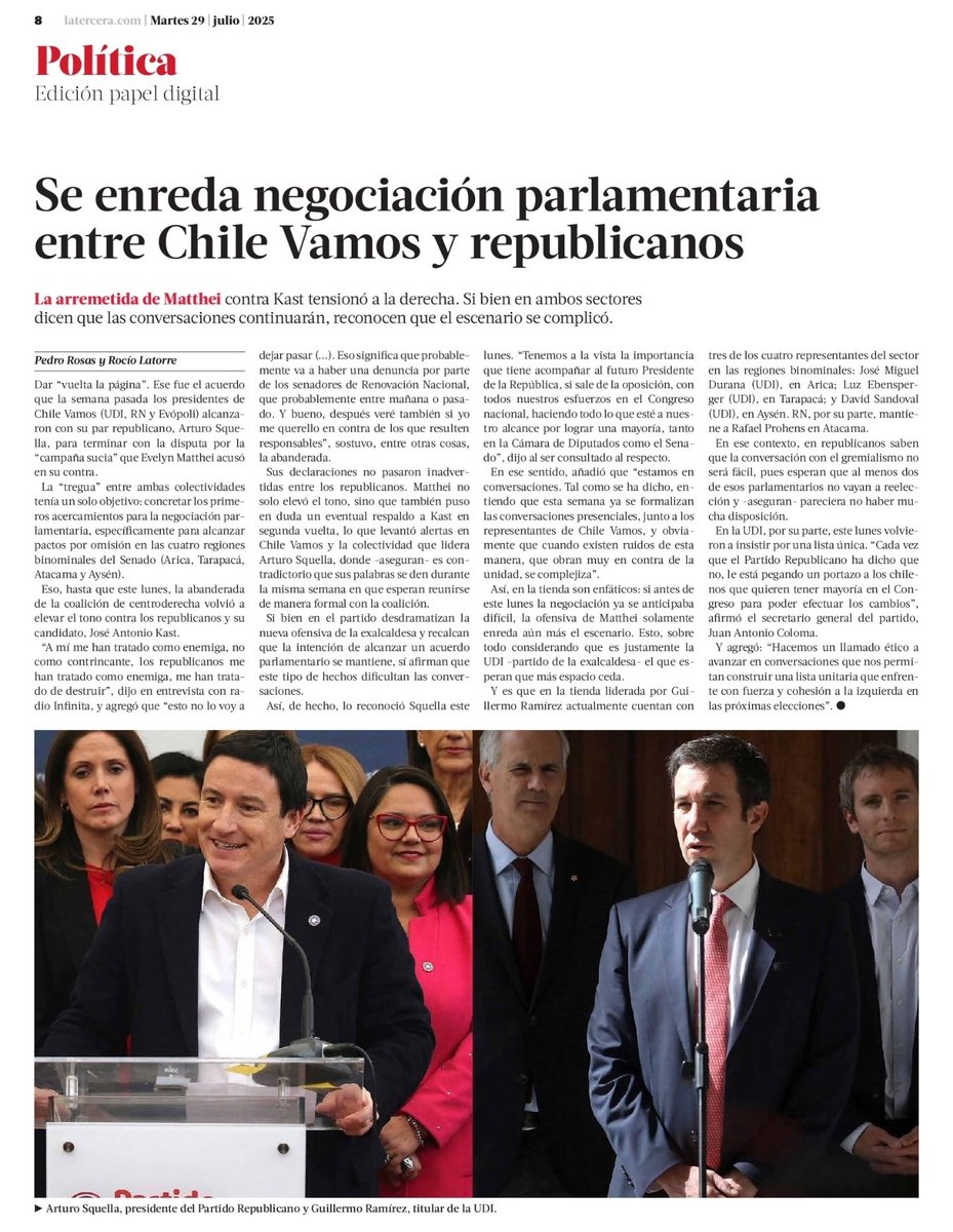 ChilePortadas's tweet image. 📰 Se enreda negociación parlamentaria entre Chile Vamos y republicanos
#Cadem #Jara #DC #Kaiser #Kast #Matthei #Parisi #Boric #Sichel #Cooper