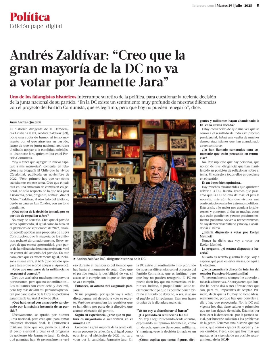 ChilePortadas's tweet image. 📰 Andrés Zaldívar: "Creo que la gran mayoría de la DC no va a votar por Jeannette Jara"
#Cadem #Jara #DC #Kaiser #Kast #Matthei #Parisi #Boric #Sichel #Cooper