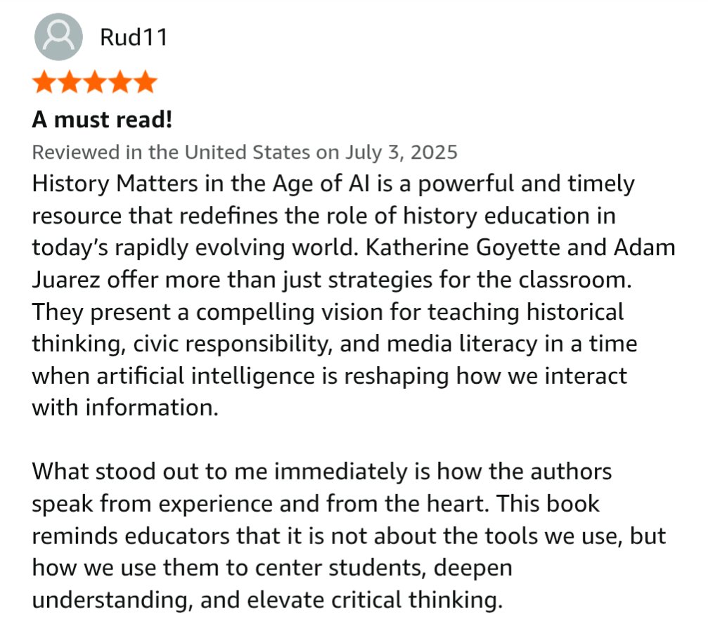 kat_goyette's tweet photo. Thanks to Rudy Escobar for the 5 star review of History Matters in an AI Era, and for taking this pic of me reading it at #ISTELive25 😎 Couldn't have done it without co-author and soulmate @techcoachjuarez https://t.co/Yema5mvx0c #edtech #aieducation #elementary https://t.co/Ghtz4flOCl