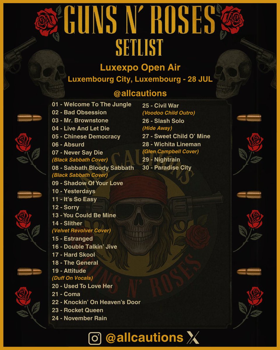 AllCautions's tweet photo. Final setlist from Luxembourg!⚡🇱🇺

#gunsnroses #gnr #gnfnr https://t.co/sdpufF8rND