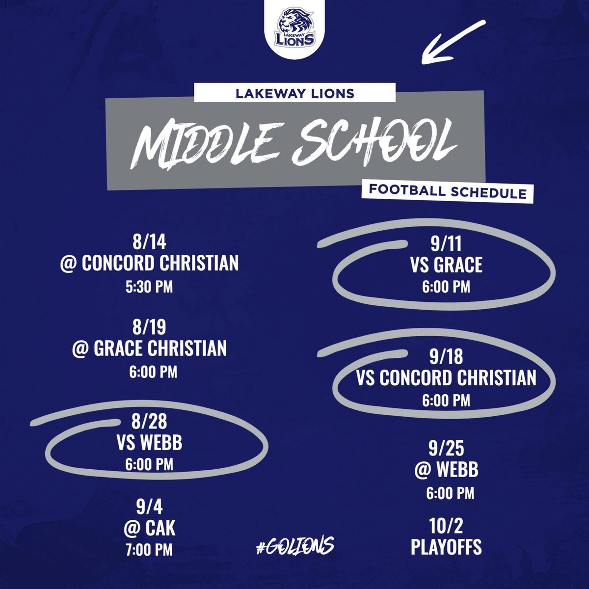 🏈 Updated High School &amp; Middle School Football Schedules

📣 Please note the addition of a home game to the high school schedule on 8/22 vs. Pope St John Paul II. 

#GoLions
