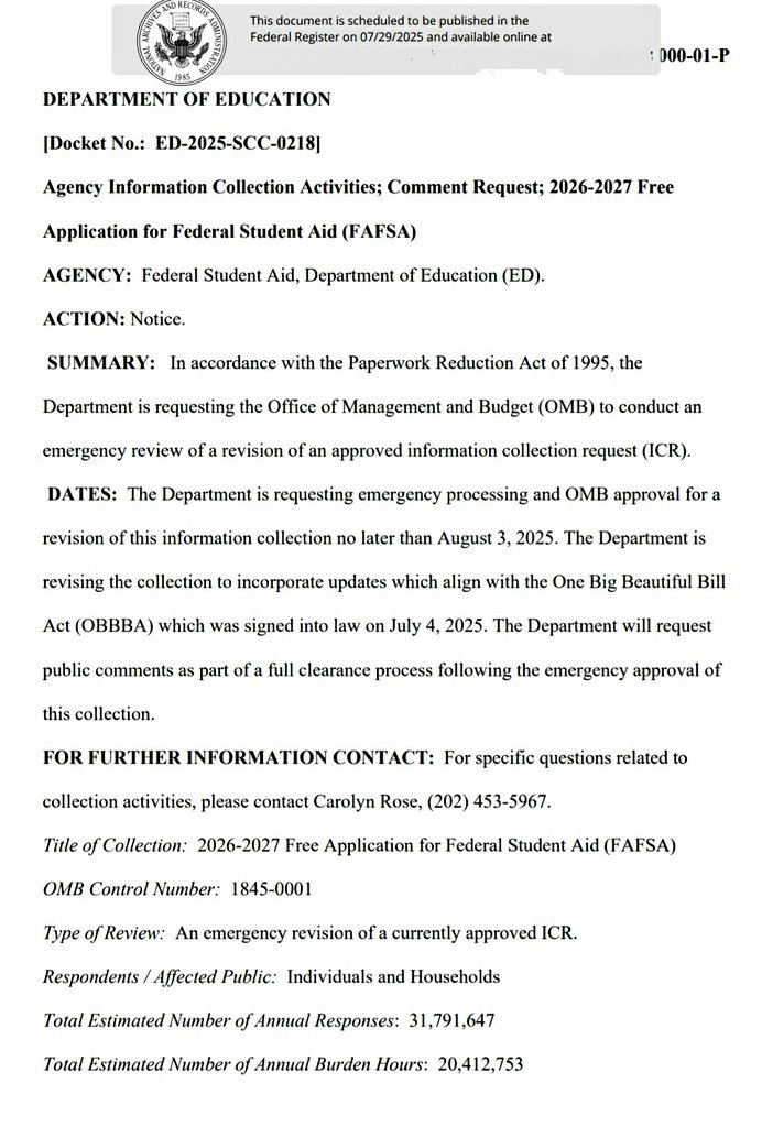 h_pongilath's tweet photo. US Department of Education: Free Application for Federal Student Aid (FAFSA) Federal Student Aid (FSA) Department of Education (ED).
#USA #FAFSA #HEA #OMB #ICR #FSEOG #ISIR #TEACH #OBBBA #Education https://t.co/TlEzm5JZgn