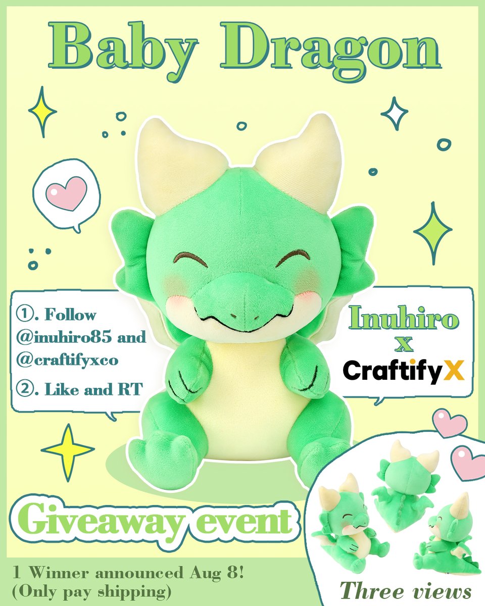 🎉 Baby Dragon Giveaway!🐉💚
Win this adorable plush from the Inuhiro x CraftifyX collab!
✨ How to enter:
1️⃣ Follow <a href="/inuhiro85/">いぬひろ🐉 8月7日までぬいぐるみクラファン</a> &amp; <a href="/craftifyxco/">CraftifyX</a>
2️⃣ Like &amp; RT this post

🗓 1 winner will be announced on August 8!
📦 (Just pay shipping)
Don't miss your chance to adopt this little