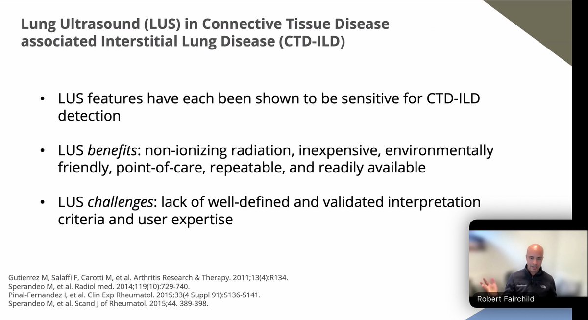 USSONAR_Rh's tweet image. Thank you @RobFairchildMD for excellent talk on lung ultrasound (LUS) in detecting ILD in patients with systemic rheumatologic disease. LUS a safe, effective way that rheum sonographers can eval for ILD with high specificity and sensitivity.
#Rheum #ILD #Ultrasound #POCUS