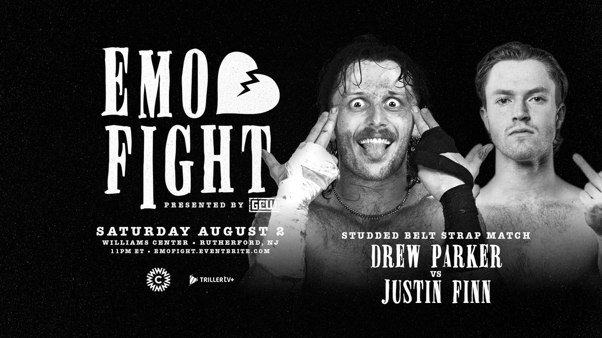 *EMO FIGHT - THIS SATURDAY*

Just Signed:

(Studded Belt Strap Match)

DREW PARKER
vs
JUSTIN FINN

Plus:
Bryan Keith vs Zach Wentz

Priscilla Kelly vs Brooke Havok

+more

&amp;
Live Performance by BAD LUCK.

Get Tix:
Emofight.eventbrite.com

Watch LIVE on <a href="/Triller_TV/">TrillerTV</a>+