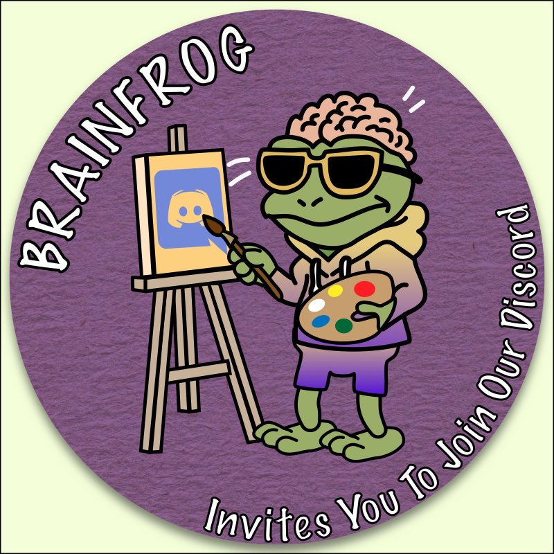 We just dropped the Discord, 
tadpoles! 🧠 🐸 

Frog Ross says: “Let’s paint this pond with frens.” 🎨🪩💜

Invite your crew. Vibe hard.
Top 5 inviters split 500K #BRAINFROG + 1st place snags a limited edition tee 👕

Let’s make some happy little ripples.🐸