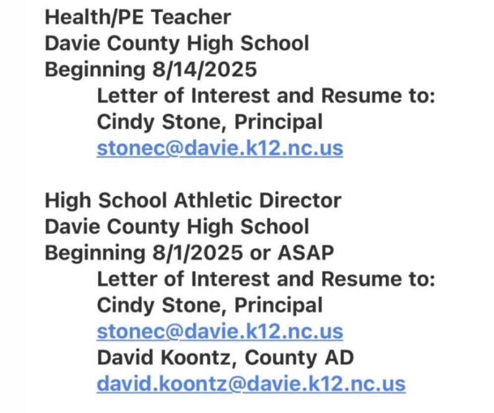 NCPreps's tweet image. Davie County HS - PE Job opening