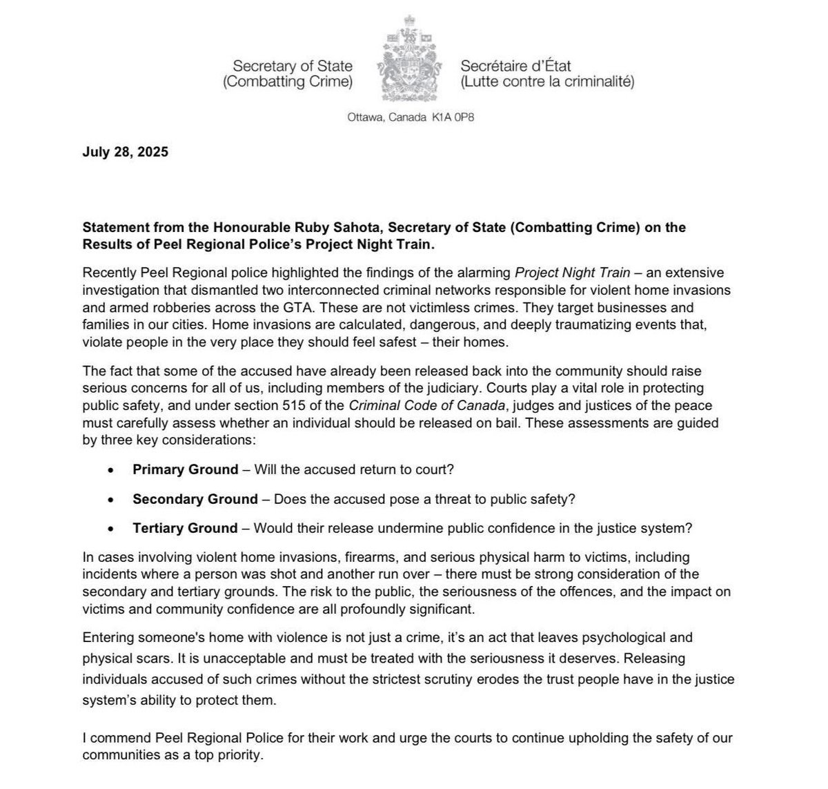 Please see my statement on Project Night Train. I commend <a href="/PeelPolice/">Peel Regional Police</a> and community partners for their dedication to safety, prevention and justice. Every Canadian deserves to feel secure in their home.