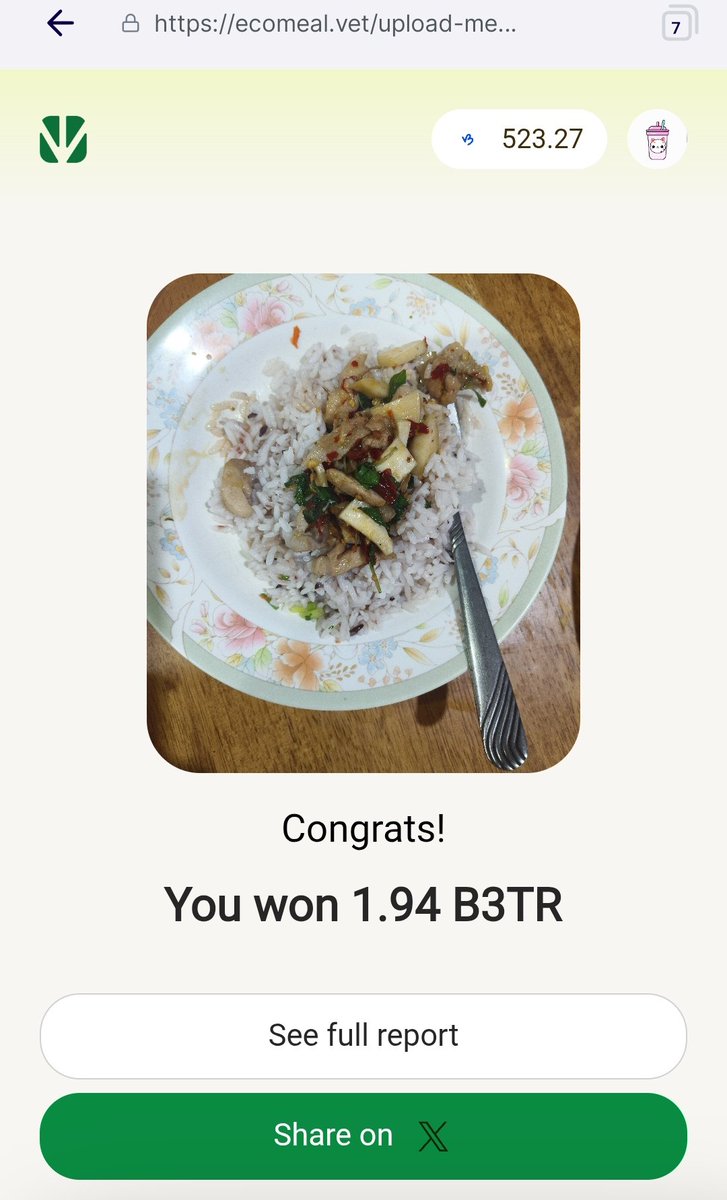 BeautyFree7's tweet image. I just earned 1.94 #B3TR!
Eating better, feeling better with @ecomeal_vet.
#Sustainability #VeBetterDAO #vechain
ecomeal.vet